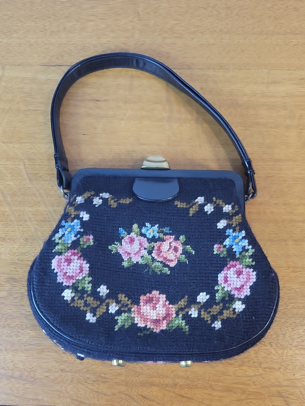 Vintage Black Floral Needlepoint Purse with Leather Strap & Frame